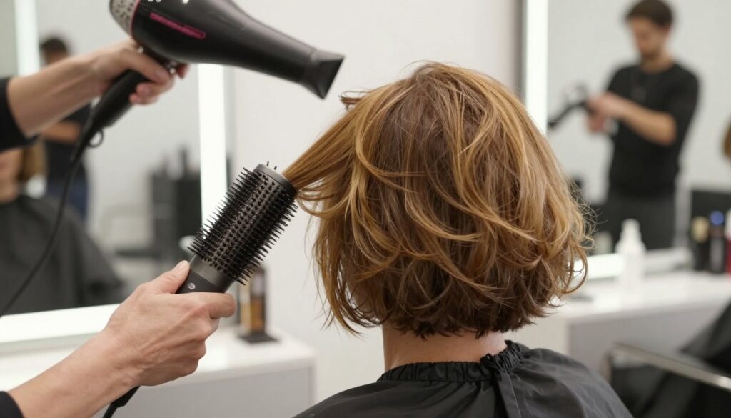 A stylish, middle-aged woman in a salon, showcasing modern volumizing hairstyle techniques. She has a chic bob cut that's slightly tousled, highlighting the layers and volume at the crown of her head. Foreground: close-up of her hair being styled with a round brush and blow dryer, reflecting soft golden lighting. Middle: a sleek, modern salon setting with mirrors and beauty products, creating a professional atmosphere. Background: blurred figures of hairstylists working on other clients. The mood is uplifting and rejuvenating, emphasizing confidence and beauty at any age. The image captures the art of volumizing hair with a focus on elegance and sophistication, perfect for an article on hair styling techniques. A stylish, middle-aged woman in a salon, showcasing modern volumizing hairstyle techniques. She has a chic bob cut that's slightly tousled, highlighting the layers and volume at the crown of her head. Foreground: close-up of her hair being styled with a round brush and blow dryer, reflecting soft golden lighting. Middle: a sleek, modern salon setting with mirrors and beauty products, creating a professional atmosphere. Background: blurred figures of hairstylists working on other clients. The mood is uplifting and rejuvenating, emphasizing confidence and beauty at any age. The image captures the art of volumizing hair with a focus on elegance and sophistication, perfect for an article on hair styling techniques.