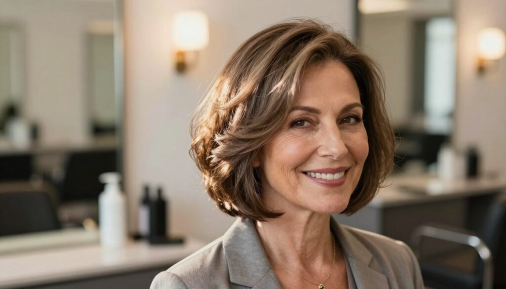 A stylish, modern bob haircut for women over 50, featuring soft waves and subtle highlights. The foreground shows a woman with a confident smile, dressed in a smart, casual outfit, showcasing her youthful appearance. The middle ground includes reflections of sunlight highlighting her hair's texture and volume. The background features a softly blurred, elegant salon setting with mirrors and soft lighting that creates a warm, welcoming atmosphere. The angle captures her elegantly from the shoulders up, emphasizing the hair's flow and shape while maintaining a balance of sophistication and modern flair. The mood is uplifting and empowering, reflecting a sense of rejuvenation and style. A stylish, modern bob haircut for women over 50, featuring soft waves and subtle highlights. The foreground shows a woman with a confident smile, dressed in a smart, casual outfit, showcasing her youthful appearance. The middle ground includes reflections of sunlight highlighting her hair's texture and volume. The background features a softly blurred, elegant salon setting with mirrors and soft lighting that creates a warm, welcoming atmosphere. The angle captures her elegantly from the shoulders up, emphasizing the hair's flow and shape while maintaining a balance of sophistication and modern flair. The mood is uplifting and empowering, reflecting a sense of rejuvenation and style.