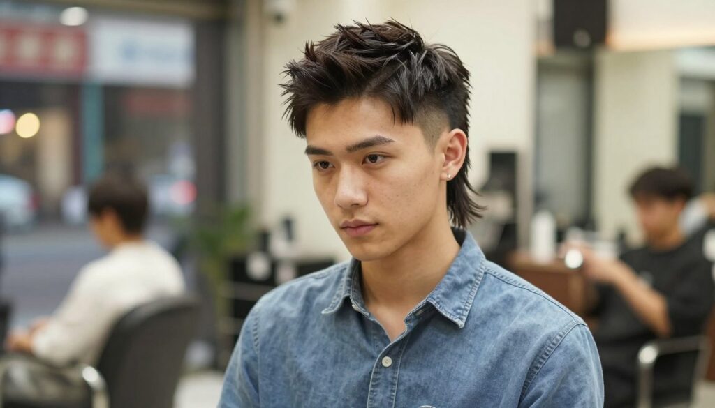 A stylish modern male mullet hairstyle, showcasing the trend's revival with a contemporary twist. The foreground features a young man with defined features, wearing a casual button-down shirt, standing confidently with his head slightly tilted. His mullet is well-groomed, with the front shorter and the back longer, emphasizing texture and volume, capturing light for a shiny effect. The middle ground has a blurred urban environment, hinting at a lively haircut studio with soft, warm lighting that creates a welcoming and trendy atmosphere. In the background, subtle bokeh effect from city lights adds depth to the scene. The overall mood is vibrant and fresh, reflecting the confidence and personality associated with the modern mullet hairstyle. A stylish modern male mullet hairstyle, showcasing the trend's revival with a contemporary twist. The foreground features a young man with defined features, wearing a casual button-down shirt, standing confidently with his head slightly tilted. His mullet is well-groomed, with the front shorter and the back longer, emphasizing texture and volume, capturing light for a shiny effect. The middle ground has a blurred urban environment, hinting at a lively haircut studio with soft, warm lighting that creates a welcoming and trendy atmosphere. In the background, subtle bokeh effect from city lights adds depth to the scene. The overall mood is vibrant and fresh, reflecting the confidence and personality associated with the modern mullet hairstyle.