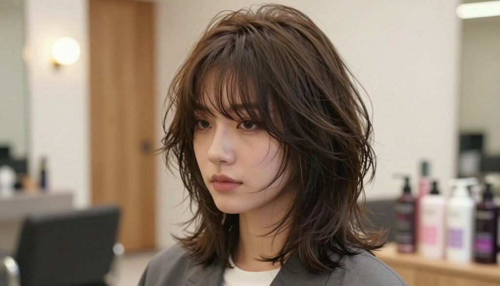 A stylish, modern wolf cut hairstyle with shoulder-length hair, featuring soft, textured layers and a trendy shaggy fringe. The foreground displays a young adult model with an elegant and confident expression, wearing smart casual attire. Their hair has a natural wave, capturing the light beautifully and showcasing the dynamic movement of the cut. In the middle ground, blurred light hints at a cozy, contemporary salon environment with warm wooden accents and soft lighting, enhancing the inviting atmosphere. The background features abstract haircare products elegantly arranged, suggesting a focus on hair fashion and trends. The mood is vibrant and fresh, reflecting the dynamic, fashionable nature of the wolf cut. Use a soft focus lens to emphasize the texture of the hair and create a dreamy effect. A stylish, modern wolf cut hairstyle with shoulder-length hair, featuring soft, textured layers and a trendy shaggy fringe. The foreground displays a young adult model with an elegant and confident expression, wearing smart casual attire. Their hair has a natural wave, capturing the light beautifully and showcasing the dynamic movement of the cut. In the middle ground, blurred light hints at a cozy, contemporary salon environment with warm wooden accents and soft lighting, enhancing the inviting atmosphere. The background features abstract haircare products elegantly arranged, suggesting a focus on hair fashion and trends. The mood is vibrant and fresh, reflecting the dynamic, fashionable nature of the wolf cut. Use a soft focus lens to emphasize the texture of the hair and create a dreamy effect.