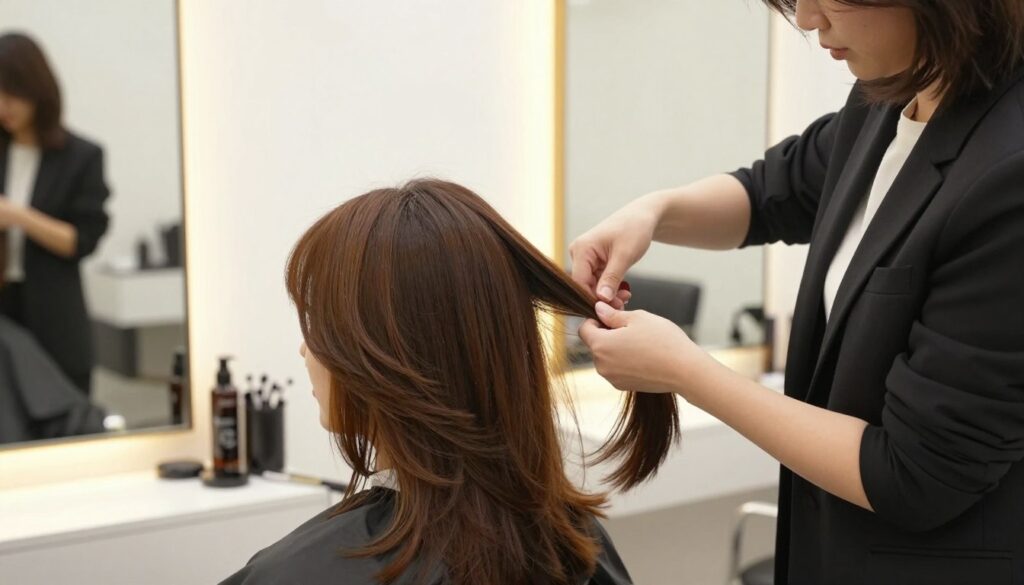 A stylish salon scene featuring a professional hairstylist demonstrating the marquise layers hairstyle on a client. In the foreground, the hairstylist, dressed in smart business attire, is carefully sectioning the client's hair, showcasing the layered technique. The client, with a relaxed expression, has medium-length hair that flows effortlessly, highlighting the volume and shape of the marquise layers. In the middle background, the salon is adorned with elegant mirrors and soft lighting creating a warm and inviting atmosphere. The lighting is bright but soft, emphasizing the textures and colors of the hair without harsh shadows. The angle captures both the hairstylist's intricate work and the client's satisfied demeanor, embodying a sense of professionalism and creativity. A stylish salon scene featuring a professional hairstylist demonstrating the marquise layers hairstyle on a client. In the foreground, the hairstylist, dressed in smart business attire, is carefully sectioning the client's hair, showcasing the layered technique. The client, with a relaxed expression, has medium-length hair that flows effortlessly, highlighting the volume and shape of the marquise layers. In the middle background, the salon is adorned with elegant mirrors and soft lighting creating a warm and inviting atmosphere. The lighting is bright but soft, emphasizing the textures and colors of the hair without harsh shadows. The angle captures both the hairstylist's intricate work and the client's satisfied demeanor, embodying a sense of professionalism and creativity.