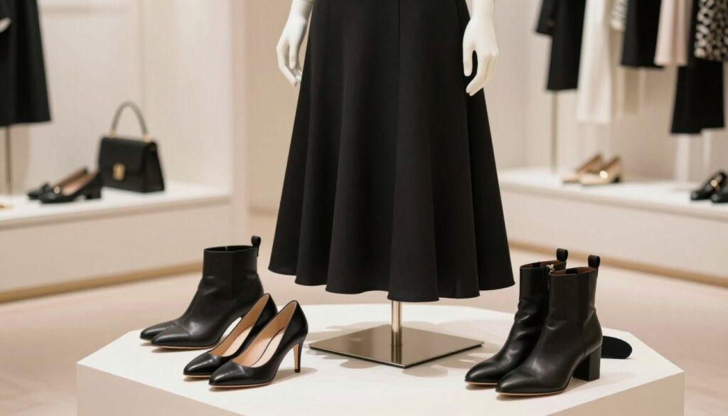 A stylish scene featuring a beautiful black dress displayed on a mannequin, elegantly showcasing its silhouette. Surrounding the dress are various shoes, including classic black heels, chic ankle boots, and sophisticated ballet flats, arranged artistically to highlight their compatibility with the dress. The setting is a bright, modern boutique with soft, diffused lighting that creates a warm atmosphere. In the background, there are hints of tasteful accessories like purses and jewelry, suggesting a refined fashion style. The angle captures both the dress and footwear prominently, emphasizing the theme of pairing shoes with a black dress for formal occasions. The overall mood is elegant and inspiring, perfect for a wedding setting.