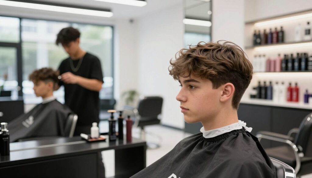 A stylish teenage boy with medium-length hair is sitting in a modern barbershop chair, looking in the mirror. His hair showcases a trendy haircut that balances comfort and low-maintenance styling. The foreground highlights the boy's confident expression and fresh haircut, with a barber in the background setting up tools. The middle section reveals the shop's sleek design, featuring bright lights and minimalist decor. In the background, a range of hair products is displayed on shelves, emphasizing hair care. The scene is well-lit with natural light streaming through large windows, creating a vibrant yet relaxed atmosphere. Capture the essence of a fashionable yet easy-to-maintain hairstyle tailored for teenagers. A stylish teenage boy with medium-length hair is sitting in a modern barbershop chair, looking in the mirror. His hair showcases a trendy haircut that balances comfort and low-maintenance styling. The foreground highlights the boy's confident expression and fresh haircut, with a barber in the background setting up tools. The middle section reveals the shop's sleek design, featuring bright lights and minimalist decor. In the background, a range of hair products is displayed on shelves, emphasizing hair care. The scene is well-lit with natural light streaming through large windows, creating a vibrant yet relaxed atmosphere. Capture the essence of a fashionable yet easy-to-maintain hairstyle tailored for teenagers.