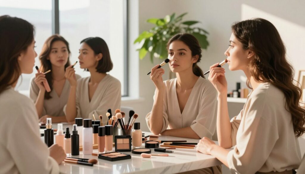 A stylish vanity scene featuring a diverse group of three professional women applying makeup in a well-lit, modern setting. In the foreground, focus on a beautifully arranged array of professional makeup products such as setting sprays, powders, and tools, neatly displayed on a marble countertop. The middle ground showcases the women in modest, elegant clothing, demonstrating the application of these products with precision. Soft, natural lighting enhances the fresh ambiance, with golden hour sunlight streaming through a large window, casting gentle shadows. In the background, a lush green plant adds a touch of freshness, reinforcing the theme of maintaining a flawless, long-lasting makeup look throughout the day. The mood is uplifting and empowering, highlighting a professional atmosphere of beauty and confidence.