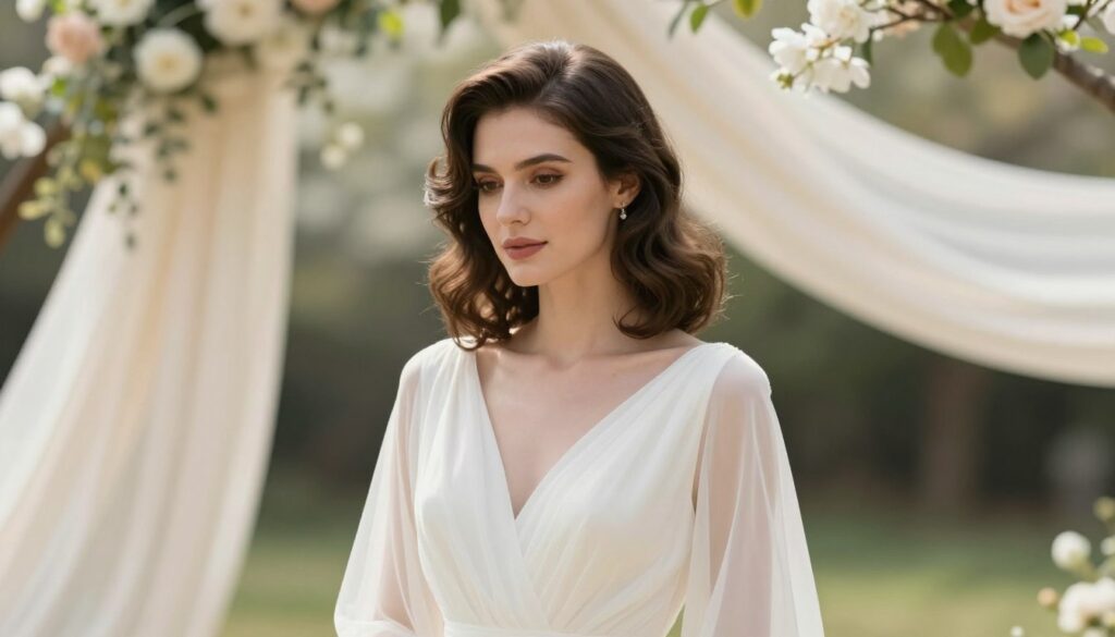 A stylish wedding scene featuring a woman with shoulder-length hair elegantly styled in soft waves, beautifully complementing a classic, flowing wedding gown. She stands confidently in a serene outdoor setting, surrounded by blossoming flowers and softly draping fabric, hinting at an elegant ambiance. The focus is on her hair, which reflects the delicate details of her dress, showing a perfect harmony between hairstyle and attire. Soft, natural light filters through leaves overhead, creating a romantic atmosphere, and the angle captures the elegance of both her hair and dress. The background is subtly blurred, enhancing the subject while maintaining a graceful wedding theme. A stylish wedding scene featuring a woman with shoulder-length hair elegantly styled in soft waves, beautifully complementing a classic, flowing wedding gown. She stands confidently in a serene outdoor setting, surrounded by blossoming flowers and softly draping fabric, hinting at an elegant ambiance. The focus is on her hair, which reflects the delicate details of her dress, showing a perfect harmony between hairstyle and attire. Soft, natural light filters through leaves overhead, creating a romantic atmosphere, and the angle captures the elegance of both her hair and dress. The background is subtly blurred, enhancing the subject while maintaining a graceful wedding theme.