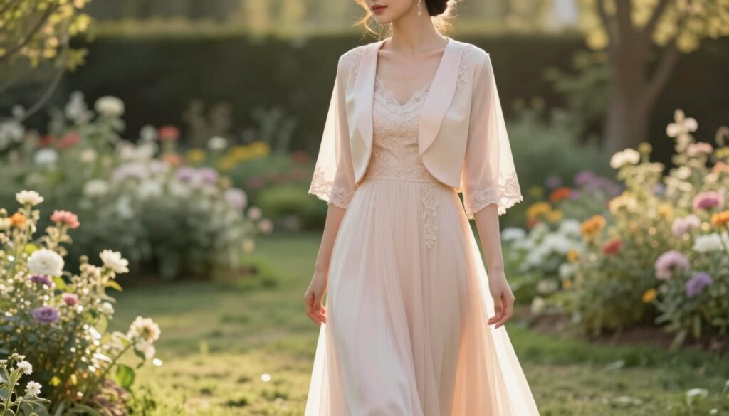 A stylish woman in a long, flowing evening dress standing elegantly in a beautiful outdoor garden setting. She is adorned with a delicate bolero jacket in a soft pastel hue, enhancing her neckline and covering her shoulders gracefully. The bolero's fabric drapes gently, featuring subtle lace detailing that adds a touch of sophistication. The scene is bathed in warm, golden afternoon light that creates a dreamy, romantic atmosphere. In the background, blooming flowers and lush greenery create a picturesque backdrop. The angle captures the woman slightly off-center, showcasing both the jacket and the dress as focal points of the outfit, embodying elegance and comfort perfect for a wedding.