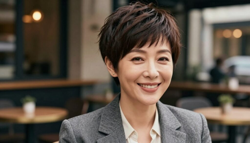 A stylish woman in her 40s with a chic pixie cut, exuding confidence and energy. The foreground features her face in close-up, showcasing her bright smile and well-defined features, with soft makeup that highlights her natural beauty. In the middle ground, she is wearing a smart casual outfit—perhaps a tailored blazer over a simple blouse—that complements her vibrant hairstyle. The background includes a softly blurred urban café setting with warm, inviting lighting, enhancing the sophisticated yet relaxed atmosphere. The image captures a sense of modern elegance and vitality, perfect for illustrating contemporary hairstyles for women. Shot with a shallow depth of field to emphasize the subject, conveying a mood of stylish empowerment. A stylish woman in her 40s with a chic pixie cut, exuding confidence and energy. The foreground features her face in close-up, showcasing her bright smile and well-defined features, with soft makeup that highlights her natural beauty. In the middle ground, she is wearing a smart casual outfit—perhaps a tailored blazer over a simple blouse—that complements her vibrant hairstyle. The background includes a softly blurred urban café setting with warm, inviting lighting, enhancing the sophisticated yet relaxed atmosphere. The image captures a sense of modern elegance and vitality, perfect for illustrating contemporary hairstyles for women. Shot with a shallow depth of field to emphasize the subject, conveying a mood of stylish empowerment.