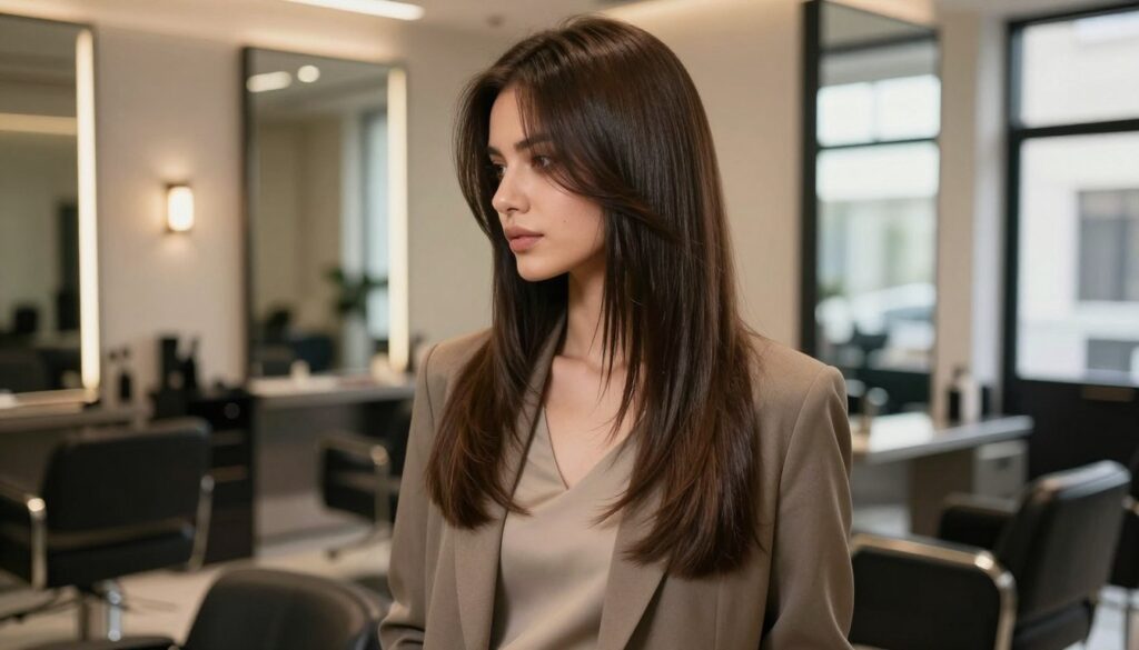 A stylish woman with a long bob hairstyle stands confidently in a modern, chic salon. Her hair is smooth and shiny, cascading just below her shoulders with soft, feathered layers framing her face. She wears a fashionable, modest outfit—a tailored blazer with a simple blouse—exuding a sense of sophistication. The background features sleek salon decor with mirrors reflecting ambient lighting that creates a warm, inviting atmosphere. Natural light pours in through large windows, highlighting the elegance of the long bob. The angle captures her profile, focusing on the movement and texture of her hair, emphasizing its versatility and contemporary style. The overall mood is fresh, inspiring, and trendy, appealing to anyone considering a change to their hairstyle.