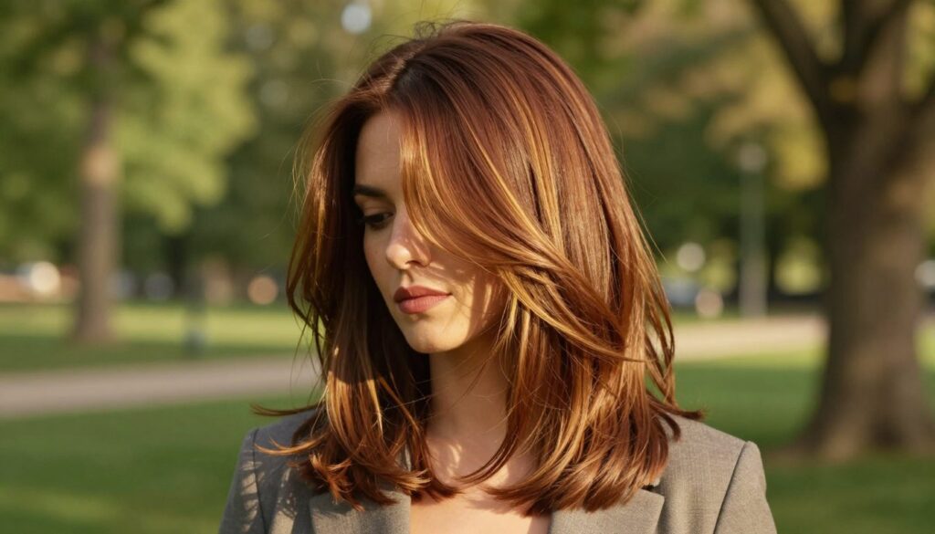 A stylish woman with a marquise layered haircut stands in the foreground, showcasing the elegant, cascading layers that frame her face. Her hair is rich chestnut brown with subtle golden highlights, catching the light. She is wearing smart casual attire, complementing her modern hairstyle. In the middle ground, a softly blurred natural setting, perhaps a park with lush greenery and dappled sunlight filtering through trees, creates a serene atmosphere. The lighting is warm and inviting, emphasizing the texture and movement of her hair. From a slightly low angle, the camera captures the dynamic interplay between the layers of hair and the softness of her attire, conveying a sense of confidence and sophistication. A stylish woman with a marquise layered haircut stands in the foreground, showcasing the elegant, cascading layers that frame her face. Her hair is rich chestnut brown with subtle golden highlights, catching the light. She is wearing smart casual attire, complementing her modern hairstyle. In the middle ground, a softly blurred natural setting, perhaps a park with lush greenery and dappled sunlight filtering through trees, creates a serene atmosphere. The lighting is warm and inviting, emphasizing the texture and movement of her hair. From a slightly low angle, the camera captures the dynamic interplay between the layers of hair and the softness of her attire, conveying a sense of confidence and sophistication.