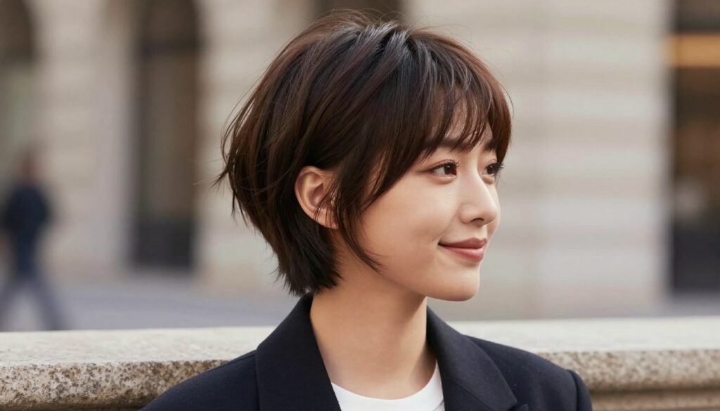 A stylish woman with a round face showcasing a chic, short haircut that adds character, such as a textured bob or asymmetrical cut with soft layers framing her face. She is dressed in smart casual attire, sitting against a softly blurred urban background. The lighting is warm and inviting, highlighting the hair's texture and the smooth contours of her face. Capture her profile from a slight angle to emphasize the elongating effect of the haircut, with a gentle smile that reflects confidence. The atmosphere should convey a sense of modern elegance and sophistication, making the hairstyle the focal point of the image. A stylish woman with a round face showcasing a chic, short haircut that adds character, such as a textured bob or asymmetrical cut with soft layers framing her face. She is dressed in smart casual attire, sitting against a softly blurred urban background. The lighting is warm and inviting, highlighting the hair's texture and the smooth contours of her face. Capture her profile from a slight angle to emphasize the elongating effect of the haircut, with a gentle smile that reflects confidence. The atmosphere should convey a sense of modern elegance and sophistication, making the hairstyle the focal point of the image.