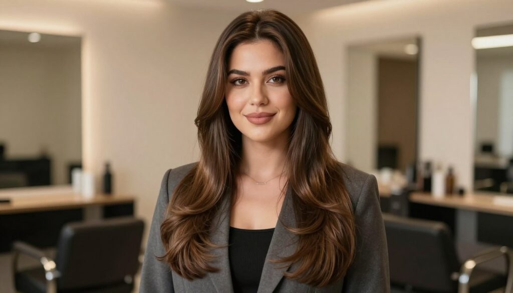 A stylish woman with a round face stands confidently in front of a soft-focus background, showcasing a stunning hair transformation. Her hair is elegantly styled in a long, layered cut that frames her face and creates an elongating effect. The lighting is warm and inviting, casting gentle highlights and shadows that enhance the texture of her hair and the contours of her face. She is dressed in a smart, modest outfit that complements her look, exuding professionalism and sophistication. The background consists of a blurred salon interior, adding depth while emphasizing her metamorfoza. The overall mood is inspiring and uplifting, capturing the essence of beauty and personal transformation. A stylish woman with a round face stands confidently in front of a soft-focus background, showcasing a stunning hair transformation. Her hair is elegantly styled in a long, layered cut that frames her face and creates an elongating effect. The lighting is warm and inviting, casting gentle highlights and shadows that enhance the texture of her hair and the contours of her face. She is dressed in a smart, modest outfit that complements her look, exuding professionalism and sophistication. The background consists of a blurred salon interior, adding depth while emphasizing her metamorfoza. The overall mood is inspiring and uplifting, capturing the essence of beauty and personal transformation.