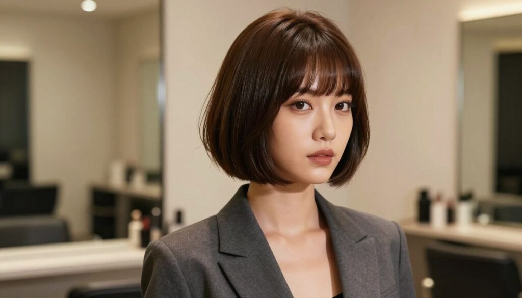 A stylish woman with a short bob haircut, featuring a tapered back and voluminous layers framing her face, stands confidently against a soft, blurred background of a chic salon interior. Her hair is glossy and well-styled, highlighting the cut's modern elegance. She wears a smart, modest business outfit, exuding professionalism. The lighting is warm and flattering, casting soft shadows that accentuate her features. The camera is at a slight angle to capture the bob's shape and movement, conveying a sense of dynamic charm. The mood is empowering and fashionable, illustrating a perfect hairstyle choice for various face shapes, particularly for those who appreciate a lightweight and voluminous look. A stylish woman with a short bob haircut, featuring a tapered back and voluminous layers framing her face, stands confidently against a soft, blurred background of a chic salon interior. Her hair is glossy and well-styled, highlighting the cut's modern elegance. She wears a smart, modest business outfit, exuding professionalism. The lighting is warm and flattering, casting soft shadows that accentuate her features. The camera is at a slight angle to capture the bob's shape and movement, conveying a sense of dynamic charm. The mood is empowering and fashionable, illustrating a perfect hairstyle choice for various face shapes, particularly for those who appreciate a lightweight and voluminous look.
