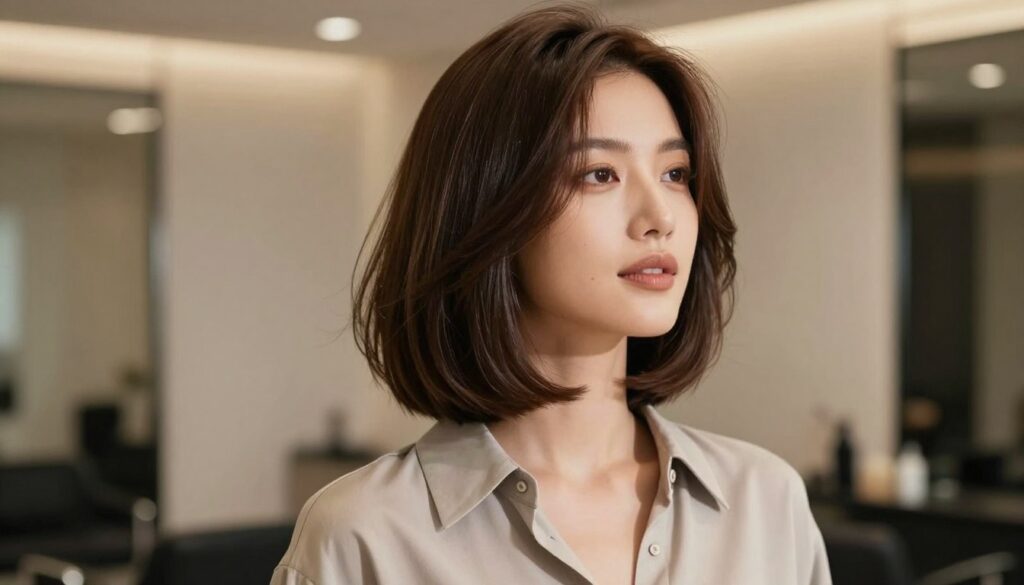A stylish woman with a shoulder-length, layered bob haircut showcasing soft, cascading layers for added volume. She is wearing a chic, modest blouse in a neutral tone, standing against a softly blurred salon backdrop. The lighting is warm and ambient, highlighting the glossy texture of her hair and the gentle contours of her face. Capture the angle looking slightly upward, emphasizing the fullness and movement of the cieniowany bob. The mood is elegant and sophisticated, perfect for a modern, professional setting, conveying confidence and contemporary style without any distractions or text. A stylish woman with a shoulder-length, layered bob haircut showcasing soft, cascading layers for added volume. She is wearing a chic, modest blouse in a neutral tone, standing against a softly blurred salon backdrop. The lighting is warm and ambient, highlighting the glossy texture of her hair and the gentle contours of her face. Capture the angle looking slightly upward, emphasizing the fullness and movement of the cieniowany bob. The mood is elegant and sophisticated, perfect for a modern, professional setting, conveying confidence and contemporary style without any distractions or text.