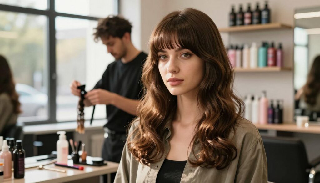 A stylish woman with a side-swept fringe, showcasing a fresh "grzywka boki" hairstyle, stands confidently in a well-lit salon environment. The sunlight filters in through large windows, creating a warm and inviting atmosphere. In the foreground, focus on her perfectly styled bangs, which frame her face beautifully, while the rest of her hair cascades down her shoulders in soft waves. She wears a casual yet chic outfit, exuding a sense of modern elegance. In the middle ground, a hairstylist is seen arranging tools neatly, hinting at the theme of hair care. The background features shelves filled with professional hair products, contributing to the salon's vibrant feel. This image captures the essence of hair maintenance, reflecting the topic of freshness and care for the hairstyle. A stylish woman with a side-swept fringe, showcasing a fresh "grzywka boki" hairstyle, stands confidently in a well-lit salon environment. The sunlight filters in through large windows, creating a warm and inviting atmosphere. In the foreground, focus on her perfectly styled bangs, which frame her face beautifully, while the rest of her hair cascades down her shoulders in soft waves. She wears a casual yet chic outfit, exuding a sense of modern elegance. In the middle ground, a hairstylist is seen arranging tools neatly, hinting at the theme of hair care. The background features shelves filled with professional hair products, contributing to the salon's vibrant feel. This image captures the essence of hair maintenance, reflecting the topic of freshness and care for the hairstyle.