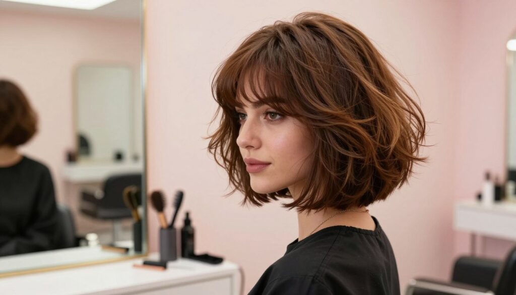 A stylish woman with a voluminous, layered bob haircut showcasing rich, textured hair, standing confidently in a softly lit salon environment. The foreground features her glowing hair as the focal point, highlighting the fullness and movement, emphasizing how the layered bob creates an illusion of volume. The middle ground includes hair styling tools and a chic mirror reflecting the elegantly designed salon, filled with soft, diffused lighting that adds warmth. In the background, gentle pastels adorn the walls, creating a modern yet inviting atmosphere. The angle captures her in a slightly turned pose, accentuating the shape of her hairstyle. The overall mood is vibrant and fresh, representing confidence and modern elegance.