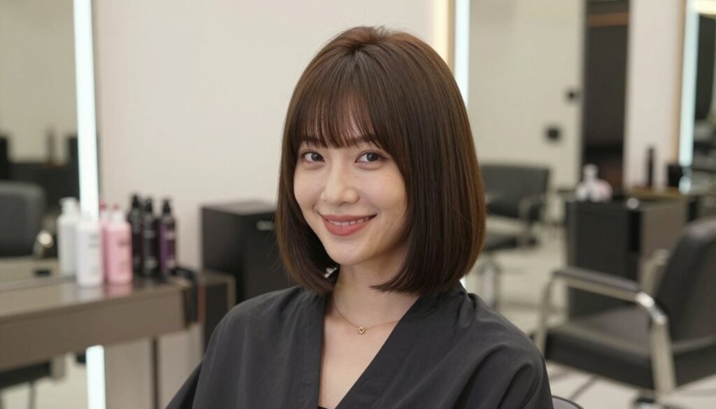 A stylish woman with shoulder-length hair styled in a classic long bob featuring a soft fringe, showcasing a balanced face shape. The woman has a warm smile, dressed in a smart casual outfit, ideal for a professional setting. She is seated in a well-lit salon environment, with soft, diffuse lighting creating an inviting atmosphere. In the background, hair products and mirrors provide context, while a chic interior design enhances the modern feel. The camera angle captures her hairstyle and the elegance of the setting, emphasizing the versatility of the long bob with bangs. The mood is cheerful and polished, highlighting the timeless appeal of this haircut for various face shapes. A stylish woman with shoulder-length hair styled in a classic long bob featuring a soft fringe, showcasing a balanced face shape. The woman has a warm smile, dressed in a smart casual outfit, ideal for a professional setting. She is seated in a well-lit salon environment, with soft, diffuse lighting creating an inviting atmosphere. In the background, hair products and mirrors provide context, while a chic interior design enhances the modern feel. The camera angle captures her hairstyle and the elegance of the setting, emphasizing the versatility of the long bob with bangs. The mood is cheerful and polished, highlighting the timeless appeal of this haircut for various face shapes.