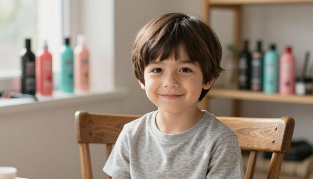A stylish young boy with a bob haircut, featuring a classic bowl cut blended with a modern twist. The boy is smiling confidently in a cozy home setting, seated on a wooden chair with soft, natural light filtering through a window, casting gentle shadows. His hair is neatly styled, showcasing the easy-to-manage look ideal for daily wear without complicated styling techniques. In the background, colorful hair styling products are neatly arranged on a shelf, hinting at a creative and inviting atmosphere. The composition is captured at eye level with a slight depth of field to emphasize the boy, creating a warm and friendly mood, perfect for a family-oriented article. A stylish young boy with a bob haircut, featuring a classic bowl cut blended with a modern twist. The boy is smiling confidently in a cozy home setting, seated on a wooden chair with soft, natural light filtering through a window, casting gentle shadows. His hair is neatly styled, showcasing the easy-to-manage look ideal for daily wear without complicated styling techniques. In the background, colorful hair styling products are neatly arranged on a shelf, hinting at a creative and inviting atmosphere. The composition is captured at eye level with a slight depth of field to emphasize the boy, creating a warm and friendly mood, perfect for a family-oriented article.