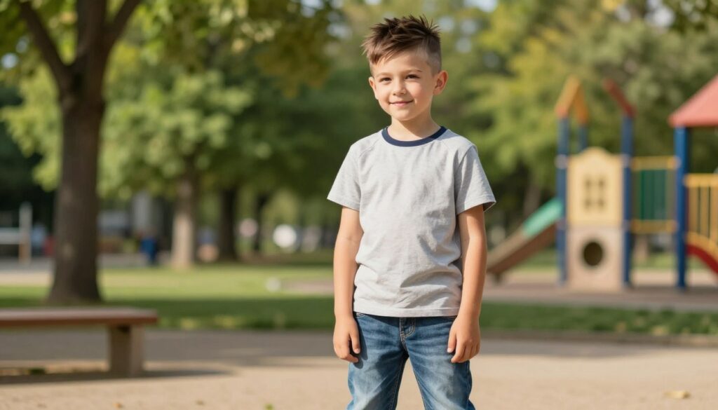 A stylish young boy with a short, modern haircut stands confidently in a park setting, reflecting an active lifestyle. His haircut features a clean, textured top and faded sides, emphasizing freshness and fashion. The boy is wearing a laid-back, casual outfit—comfortable jeans and a sporty t-shirt—to highlight his energetic personality. The background includes vibrant green trees and a soft-focus playground, creating a lively atmosphere. The scene is bathed in warm, natural sunlight, casting soft shadows, as if capturing a perfect day outdoors. The angle showcases the boy's hairstyle prominently, adding a sense of movement and joy, ideal for reflecting the active and trendy nature of short hairstyles for boys. A stylish young boy with a short, modern haircut stands confidently in a park setting, reflecting an active lifestyle. His haircut features a clean, textured top and faded sides, emphasizing freshness and fashion. The boy is wearing a laid-back, casual outfit—comfortable jeans and a sporty t-shirt—to highlight his energetic personality. The background includes vibrant green trees and a soft-focus playground, creating a lively atmosphere. The scene is bathed in warm, natural sunlight, casting soft shadows, as if capturing a perfect day outdoors. The angle showcases the boy's hairstyle prominently, adding a sense of movement and joy, ideal for reflecting the active and trendy nature of short hairstyles for boys.