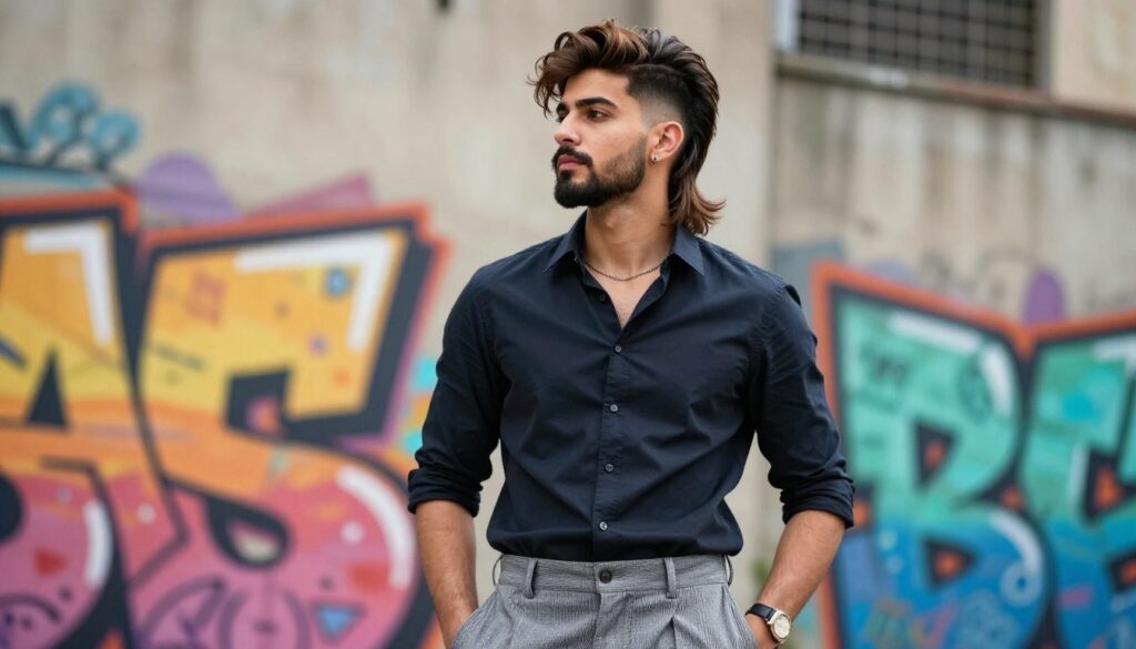 A stylish young man confidently showcases a modern mullet hairstyle, standing against a trendy urban backdrop. He has a well-groomed beard and wears a casual yet sophisticated outfit, combining a fitted shirt with stylish trousers. The mullet is distinct, with the front cropped short while the back flows longer, exuding a bold, contemporary vibe. Soft, natural lighting bathes the scene, highlighting the textures of his hair and clothing. The angle is slightly tilted upward, emphasizing the hairstyle and the subject's confident posture. In the background, vibrant graffiti art adds a creative touch to illustrate the fusion of old and new styles, creating an energetic atmosphere that captures the essence of this daring look. A stylish young man confidently showcases a modern mullet hairstyle, standing against a trendy urban backdrop. He has a well-groomed beard and wears a casual yet sophisticated outfit, combining a fitted shirt with stylish trousers. The mullet is distinct, with the front cropped short while the back flows longer, exuding a bold, contemporary vibe. Soft, natural lighting bathes the scene, highlighting the textures of his hair and clothing. The angle is slightly tilted upward, emphasizing the hairstyle and the subject's confident posture. In the background, vibrant graffiti art adds a creative touch to illustrate the fusion of old and new styles, creating an energetic atmosphere that captures the essence of this daring look.