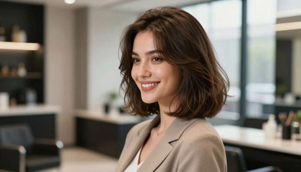 A stylish young woman with a long bob hairstyle, showcasing soft waves that frame her face gracefully. She is dressed in elegant professional attire, capturing the essence of modern sophistication. The foreground highlights her confident smile, while a blurred parlor setting with contemporary decorations creates a chic atmosphere in the background. Soft, natural lighting filters through large windows, accentuating the warmth of her hair color and the texture of her outfit. The angle focuses on a three-quarters view, emphasizing the length and movement of the hair while maintaining a polished and professional look. The mood is inspiring and uplifting, resonating with the theme of positive change through a new haircut.