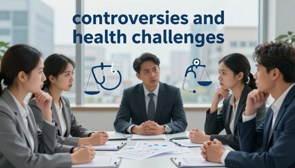 A thought-provoking image depicting the concept of "controversies and health challenges." In the foreground, a diverse group of individuals engaged in deep conversation, wearing professional attire, reflecting concern and determination. In the middle ground, symbolic elements such as a stethoscope, a broken scale, and medical charts scattered on a table, representing health issues, challenges, and debates. The background features a blurred urban setting, hinting at the broader cultural context, with soft, diffused lighting creating an atmosphere of reflection and seriousness. The scene should evoke a thoughtful and contemplative mood, capturing the essence of navigating through complex health discussions and societal debates. A thought-provoking image depicting the concept of "controversies and health challenges." In the foreground, a diverse group of individuals engaged in deep conversation, wearing professional attire, reflecting concern and determination. In the middle ground, symbolic elements such as a stethoscope, a broken scale, and medical charts scattered on a table, representing health issues, challenges, and debates. The background features a blurred urban setting, hinting at the broader cultural context, with soft, diffused lighting creating an atmosphere of reflection and seriousness. The scene should evoke a thoughtful and contemplative mood, capturing the essence of navigating through complex health discussions and societal debates.
