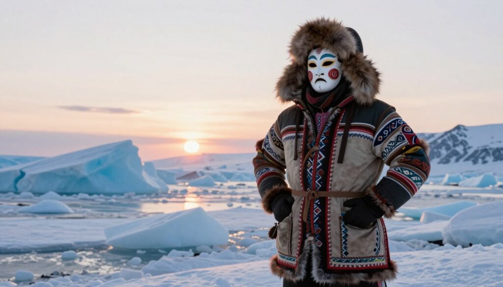 A traditional Inuit outfit, intricately designed with natural materials, showcases the rich cultural heritage and adaptation to harsh Arctic climates. In the foreground, a person dressed in a beautifully detailed parka, featuring fur-lined hoods and vibrant patterns, stands confidently, hands on hips. Their face is partially covered by a traditional mask, adding an air of mystery. In the middle ground, a rugged icy landscape sprawls, with glistening icebergs and a sun setting on the horizon, casting a soft, warm glow. The background reveals distant mountains, shrouded in light snow. The scene is illuminated with a soft evening light, creating a serene yet resilient atmosphere, emphasizing the outfit's role in survival. The image conveys strength, tradition, and reverence for nature. A traditional Inuit outfit, intricately designed with natural materials, showcases the rich cultural heritage and adaptation to harsh Arctic climates. In the foreground, a person dressed in a beautifully detailed parka, featuring fur-lined hoods and vibrant patterns, stands confidently, hands on hips. Their face is partially covered by a traditional mask, adding an air of mystery. In the middle ground, a rugged icy landscape sprawls, with glistening icebergs and a sun setting on the horizon, casting a soft, warm glow. The background reveals distant mountains, shrouded in light snow. The scene is illuminated with a soft evening light, creating a serene yet resilient atmosphere, emphasizing the outfit's role in survival. The image conveys strength, tradition, and reverence for nature.