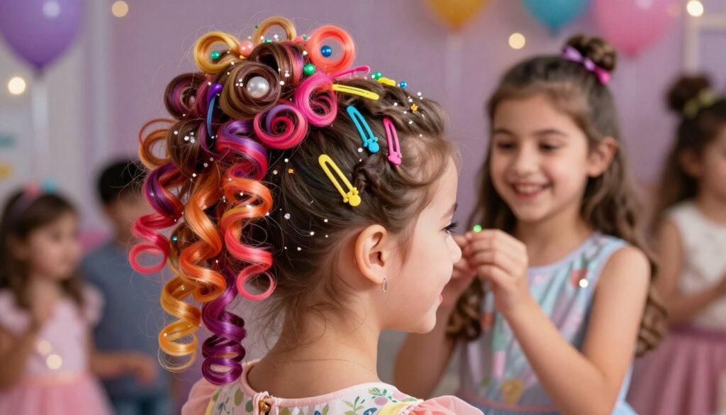 A vibrant and colorful hairstyle designed for a young girl attending a ball, school day, or party. The foreground features a close-up of her playful, extravagant hair styled in playful curls, adorned with sparkling accessories and bright, colorful clips. The middle ground showcases the girl smiling joyfully, wearing a chic, modest outfit suitable for a festive occasion, as she lovingly touches her stylish hair. The background includes a soft blur of a party scene with lights twinkling, creating a whimsical and fun atmosphere. Natural lighting enhances the shine and texture of her hair, captured from a slightly angled perspective to emphasize the energy of the setting. The overall mood is cheerful and celebratory, inspiring viewers to appreciate and care for their unique hairstyles. A vibrant and colorful hairstyle designed for a young girl attending a ball, school day, or party. The foreground features a close-up of her playful, extravagant hair styled in playful curls, adorned with sparkling accessories and bright, colorful clips. The middle ground showcases the girl smiling joyfully, wearing a chic, modest outfit suitable for a festive occasion, as she lovingly touches her stylish hair. The background includes a soft blur of a party scene with lights twinkling, creating a whimsical and fun atmosphere. Natural lighting enhances the shine and texture of her hair, captured from a slightly angled perspective to emphasize the energy of the setting. The overall mood is cheerful and celebratory, inspiring viewers to appreciate and care for their unique hairstyles.