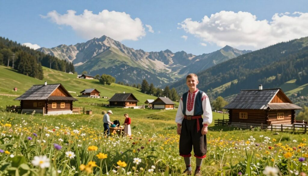 A vibrant and picturesque valley in the Sądecczyzna region, showcasing traditional wooden houses with sloping roofs nestled among rolling green hills. In the foreground, a modest, smiling figure of Staszek, dressed in traditional Polish mountain attire, stands with a warm expression, surrounded by blooming wildflowers. In the middle ground, local villagers engage in daily activities, showcasing the rich culture of the region. The background features majestic Tatra Mountains under a bright blue sky, with fluffy white clouds lazily drifting by. Soft, warm sunlight bathes the scene in a golden hue, creating an inviting and nostalgic atmosphere, reminiscent of a simpler time and the essence of mountain life. The composition should be well-balanced, with a slight focus on Staszek to emphasize his importance in the narrative.