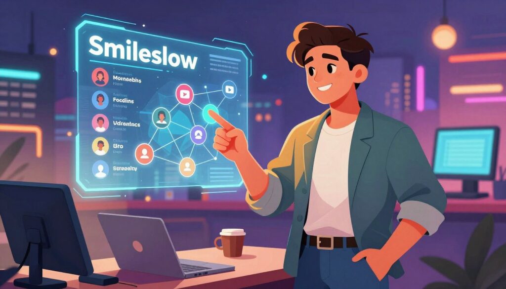 A vibrant digital illustration capturing the essence of the online creator Smileslow, surrounded by various elements symbolizing popularity and creativity. In the foreground, a charismatic figure dressed in stylish yet professional casual attire, exuding confidence and engagement with their online audience. The middle ground features a holographic display of streaming metrics and social media icons, showcasing a web of connections and followers. In the background, a dynamic cityscape lit up by neon lights, hinting at the bustling life of a content creator. The atmosphere is energetic and inspiring, with warm lighting highlighting the figure's expressions. The image is composed from a slightly elevated angle, emphasizing both the creator's stature and the vibrant digital world they inhabit. A vibrant digital illustration capturing the essence of the online creator Smileslow, surrounded by various elements symbolizing popularity and creativity. In the foreground, a charismatic figure dressed in stylish yet professional casual attire, exuding confidence and engagement with their online audience. The middle ground features a holographic display of streaming metrics and social media icons, showcasing a web of connections and followers. In the background, a dynamic cityscape lit up by neon lights, hinting at the bustling life of a content creator. The atmosphere is energetic and inspiring, with warm lighting highlighting the figure's expressions. The image is composed from a slightly elevated angle, emphasizing both the creator's stature and the vibrant digital world they inhabit.