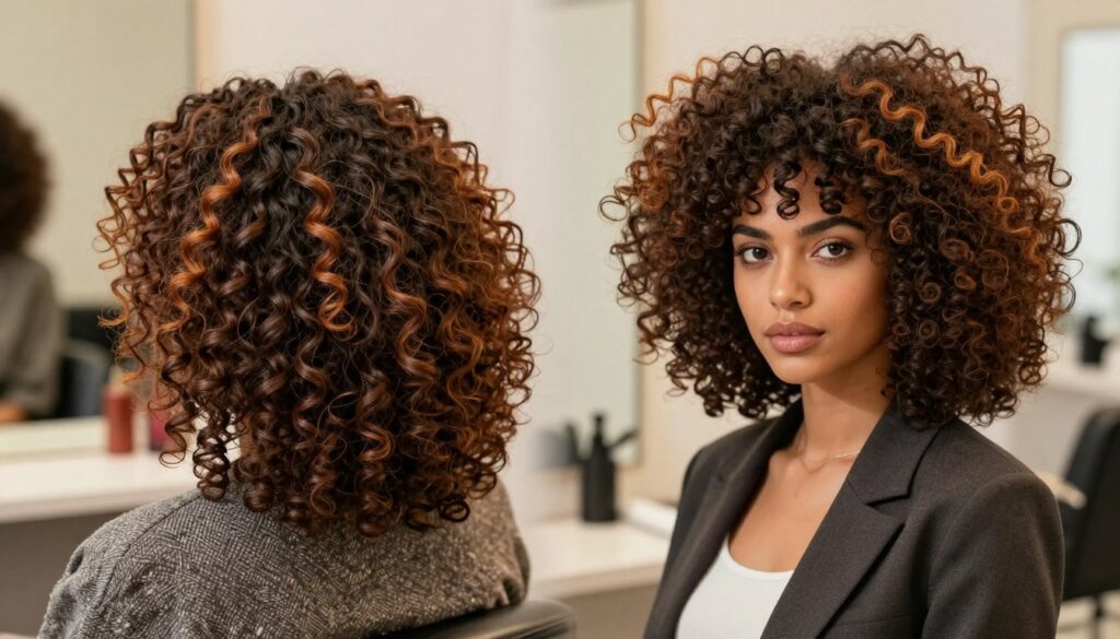 A vibrant hairstyle featuring a voluminous afro, showcasing synthetic hair for added fullness and defined curls. In the foreground, focus on a model with a confident pose, wearing stylish, professional attire that complements the dynamic texture of their hair. The middle ground highlights the rich textures and colors of the synthetic hair, with curls cascading elegantly. The background consists of a softly blurred salon environment, enhancing the overall theme of hair care and styling. Use warm, natural lighting to create a welcoming atmosphere, reminiscent of a well-lit beauty salon, while capturing the intricate details of the curly hair in sharp focus, emphasizing its vibrancy and health.