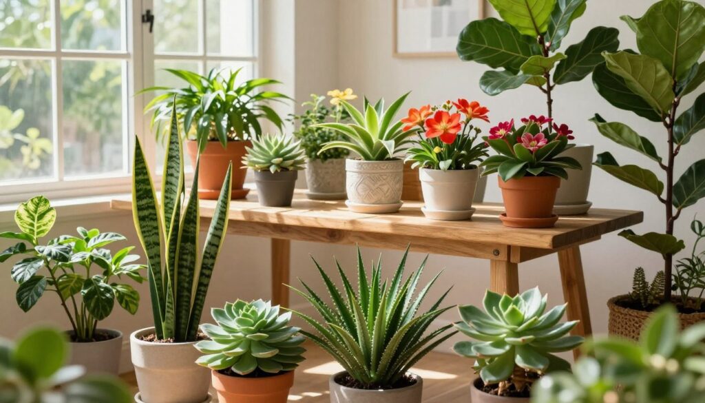 A vibrant indoor scene showcasing a variety of houseplants suitable for bright and sunny interiors. In the foreground, display lush green potted plants like succulents, snake plants, and fiddle leaf figs, each with unique textures and shapes. The middle ground features an elegantly arranged wooden table adorned with decorative pots and vibrant flowers. Soft sunlight filters through large windows in the background, casting gentle shadows and highlighting the lush foliage. The atmosphere is warm and inviting, with a sense of tranquility created by the interplay of light and greenery. Capture the scene from a slight angle to add depth, ensuring the focus remains on the beautiful plants while enhancing the overall brightness of the room.