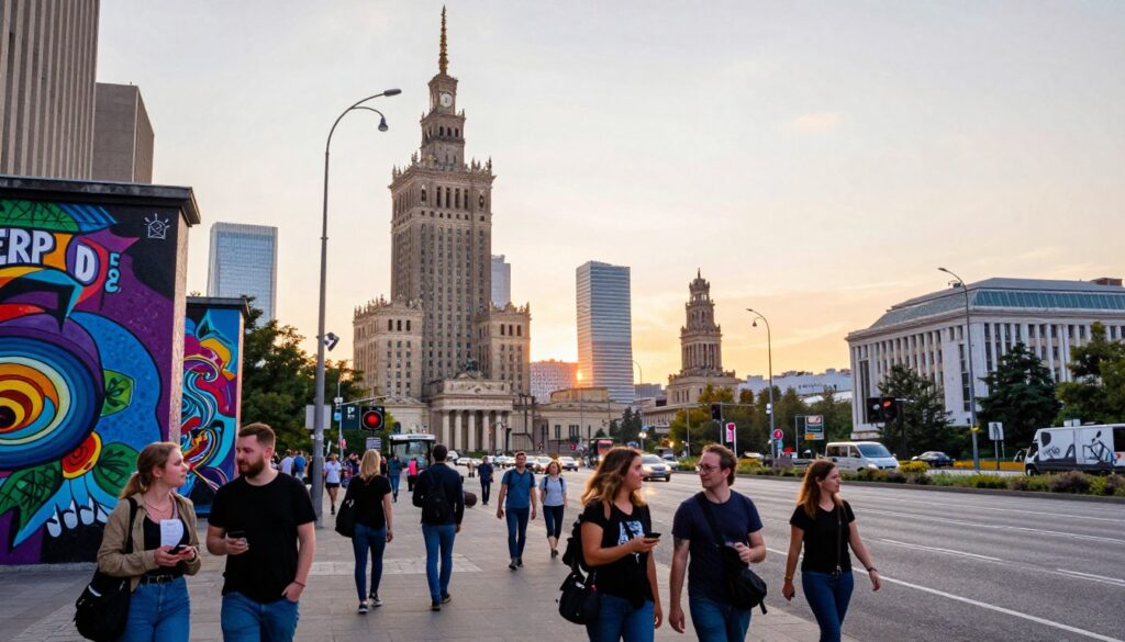 A vibrant scene capturing inspiring places in Warsaw that shape the artistic spirit of a popular internet creator. In the foreground, a bustling street lined with colorful murals, showcasing creativity and urban art, with pedestrians casually dressed, engaged in conversation. The middle ground features iconic landmarks such as the Palace of Culture and Science and the Vistula Boulevards, bathed in the warm glow of the sunset. The background reveals the skyline of Warsaw, with historical buildings juxtaposed against modern architecture. The atmosphere is lively and dynamic, filled with an energetic vibe, inviting viewers to explore and discover the city. Use soft focus for artistic depth with a slightly elevated angle capturing both the energy of the streets and the architectural beauty of the city.