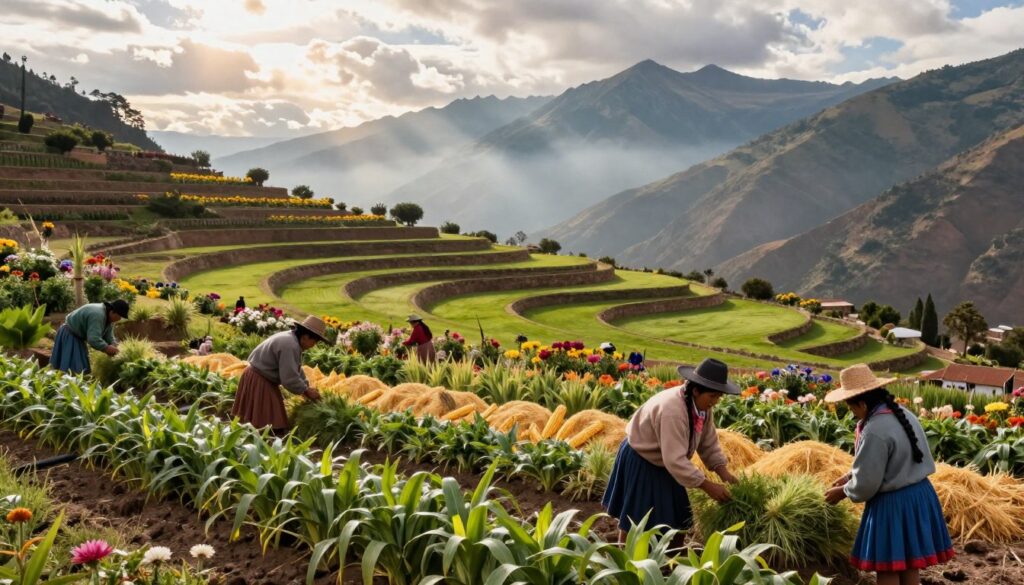 A vibrant scene depicting an agricultural economy in the Andean region during the Incan empire. In the foreground, indigenous farmers in modest, traditional clothing are seen tending to lush fields of crops like maize and quinoa, showcasing their labor and dedication. In the middle ground, terraced farming is visible, with distinct layers of greenery and colorful flowers, under the warm glow of the sunlight filtering through scattered clouds. In the background, majestic mountains rise, shrouded in mist, creating a serene and ancient atmosphere. The overall mood is one of harmony with nature, reflecting the connection between the Incan people and their land. Shot from a slightly elevated angle to capture the expansive landscape, with soft lighting to enhance the natural colors of the scene. A vibrant scene depicting an agricultural economy in the Andean region during the Incan empire. In the foreground, indigenous farmers in modest, traditional clothing are seen tending to lush fields of crops like maize and quinoa, showcasing their labor and dedication. In the middle ground, terraced farming is visible, with distinct layers of greenery and colorful flowers, under the warm glow of the sunlight filtering through scattered clouds. In the background, majestic mountains rise, shrouded in mist, creating a serene and ancient atmosphere. The overall mood is one of harmony with nature, reflecting the connection between the Incan people and their land. Shot from a slightly elevated angle to capture the expansive landscape, with soft lighting to enhance the natural colors of the scene.