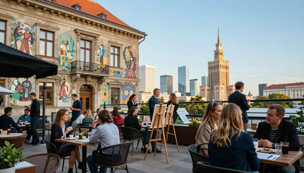 A vibrant scene in the heart of Warsaw, capturing the essence of artistic life. In the foreground, a stylish outdoor café filled with people in professional and casual clothing, engaged in animated discussions. The middle ground features a classical building adorned with artistic murals, reflecting the city's rich cultural heritage. Artists set up easels, displaying their work. The background showcases Warsaw's modern skyline, mingling with historical architecture under a clear blue sky. Soft afternoon lighting bathes the scene, creating a warm and inviting atmosphere. The mood is lively yet relaxed, emphasizing Warsaw as a hub of creativity and social life. A vibrant scene in the heart of Warsaw, capturing the essence of artistic life. In the foreground, a stylish outdoor café filled with people in professional and casual clothing, engaged in animated discussions. The middle ground features a classical building adorned with artistic murals, reflecting the city's rich cultural heritage. Artists set up easels, displaying their work. The background showcases Warsaw's modern skyline, mingling with historical architecture under a clear blue sky. Soft afternoon lighting bathes the scene, creating a warm and inviting atmosphere. The mood is lively yet relaxed, emphasizing Warsaw as a hub of creativity and social life.