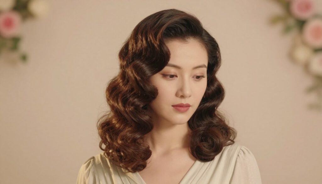 A vintage-inspired hairstyle featuring elegant shoulder-length waves, showcasing soft, voluminous curls cascading gracefully around a model. The model, dressed in a tasteful, modest vintage-style dress, stands against a softly lit pastel backdrop that enhances the nostalgic feel. The foreground captures the intricate texture and shine of the waves, while the middle ground includes the model's serene expression, embodying classic beauty. The background has blurred floral elements, evoking a romantic atmosphere. The lighting is warm and diffused, simulating the gentle glow of a retro photoshoot, creating a timeless and inviting mood. Focus is on the hairstyle, with a shallow depth of field to emphasize the elegance of the waves.