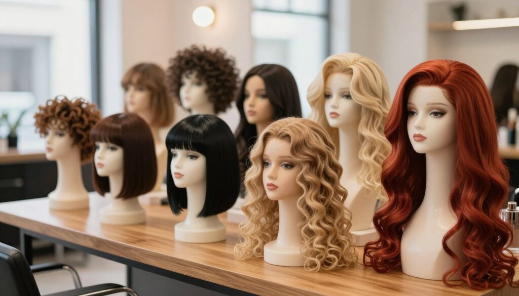 A visually appealing display of various high-quality wigs (produkty peruki) arranged elegantly on a polished wooden table. In the foreground, focus on a selection of diverse wigs showcasing different styles, colors, and textures: a sleek black bob, a flowing curly blonde, and a vibrant red long wig with intricate details. In the middle ground, a soft-focus background reveals a well-lit salon setting with warm lighting, highlighting the craftsmanship of the wigs. Use a shallow depth of field to emphasize the wigs in the foreground. The atmosphere is inviting and professional, conveying a sense of luxury and attention to detail in wig craftsmanship. The image should be bright and clean, with natural light coming from a large window, enhancing the colors and textures of the wigs. A visually appealing display of various high-quality wigs (produkty peruki) arranged elegantly on a polished wooden table. In the foreground, focus on a selection of diverse wigs showcasing different styles, colors, and textures: a sleek black bob, a flowing curly blonde, and a vibrant red long wig with intricate details. In the middle ground, a soft-focus background reveals a well-lit salon setting with warm lighting, highlighting the craftsmanship of the wigs. Use a shallow depth of field to emphasize the wigs in the foreground. The atmosphere is inviting and professional, conveying a sense of luxury and attention to detail in wig craftsmanship. The image should be bright and clean, with natural light coming from a large window, enhancing the colors and textures of the wigs.