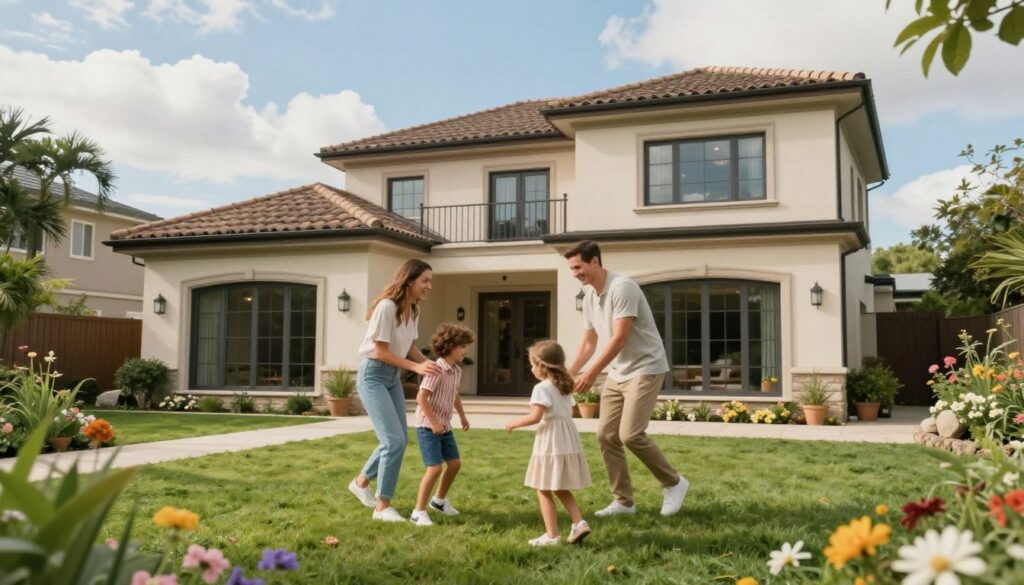 A warm and inviting family scene depicting the Lewandowski family enjoying their daily life. In the foreground, a cheerful couple and their two children (all dressed in modest casual clothing) are engaged in a playful activity in their spacious backyard, surrounded by lush greenery and vibrant flowers. In the middle ground, a cozy, modern home is visible, symbolizing their luxurious yet comfortable lifestyle. The background showcases a clear blue sky with soft clouds, adding to the serene atmosphere. Soft, natural lighting enhances the scene, creating a warm and welcoming mood. The angle captures both intimate family moments and the elegant architecture of their home, reflecting a harmonious blend of family life and luxury living. A warm and inviting family scene depicting the Lewandowski family enjoying their daily life. In the foreground, a cheerful couple and their two children (all dressed in modest casual clothing) are engaged in a playful activity in their spacious backyard, surrounded by lush greenery and vibrant flowers. In the middle ground, a cozy, modern home is visible, symbolizing their luxurious yet comfortable lifestyle. The background showcases a clear blue sky with soft clouds, adding to the serene atmosphere. Soft, natural lighting enhances the scene, creating a warm and welcoming mood. The angle captures both intimate family moments and the elegant architecture of their home, reflecting a harmonious blend of family life and luxury living.