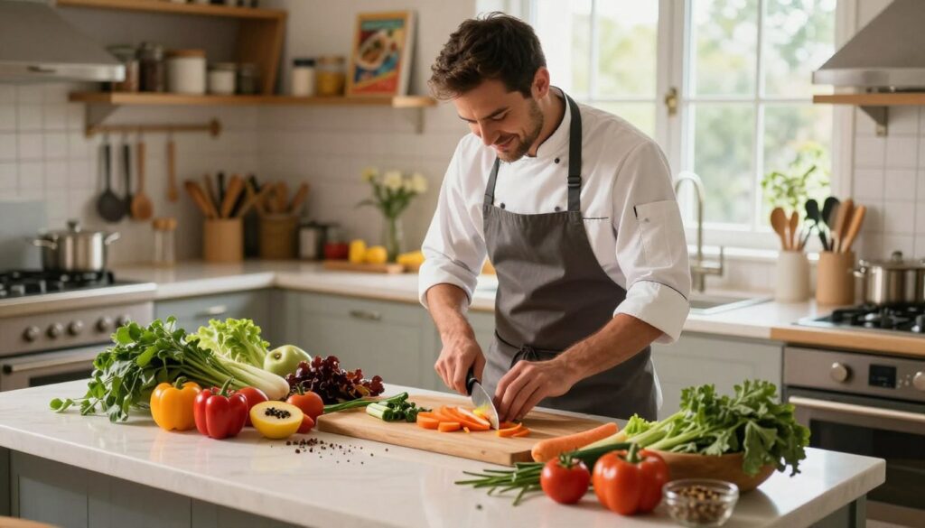 A warm, inviting kitchen scene that captures the essence of culinary content creation. In the foreground, a professional kitchen island is cluttered with various fresh ingredients—colorful vegetables, herbs, and spices—showcasing the preparation phase of cooking. In the middle ground, a skilled chef, dressed in a neat chef's jacket and apron, is focused on chopping vegetables, with a soft smile, emphasizing passion and creativity. The background reveals a cozy kitchen filled with vibrant cookbooks and culinary tools, bathed in gentle, natural light coming through a large window, creating a homey atmosphere. The angle is slightly above eye level, providing a comprehensive view of the scene, capturing both the action and the surrounding details. This image conveys warmth, creativity, and the behind-the-scenes essence of producing engaging culinary content. A warm, inviting kitchen scene that captures the essence of culinary content creation. In the foreground, a professional kitchen island is cluttered with various fresh ingredients—colorful vegetables, herbs, and spices—showcasing the preparation phase of cooking. In the middle ground, a skilled chef, dressed in a neat chef's jacket and apron, is focused on chopping vegetables, with a soft smile, emphasizing passion and creativity. The background reveals a cozy kitchen filled with vibrant cookbooks and culinary tools, bathed in gentle, natural light coming through a large window, creating a homey atmosphere. The angle is slightly above eye level, providing a comprehensive view of the scene, capturing both the action and the surrounding details. This image conveys warmth, creativity, and the behind-the-scenes essence of producing engaging culinary content.