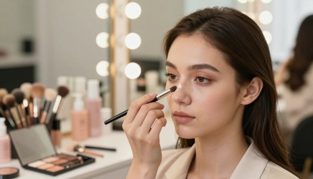A well-lit beauty studio scene, focusing on a close-up of a young woman with an oval face gently showcasing techniques for contouring the nose. The foreground should highlight her expertly applied makeup, emphasizing natural shades and precise shadowing along the sides of her nose and a subtle highlight on the bridge, reflecting the art of makeup. In the middle, include an elegantly arranged makeup palette and brushes, hinting at professional technique. The background should be softly blurred, depicting organized beauty products and a large mirror with warm, inviting lighting that creates a calm atmosphere. Capture the essence of confidence and beauty, with a focus on the nose contouring technique suitable for various shapes, ensuring the woman wears a stylish but modest outfit to maintain professionalism.
