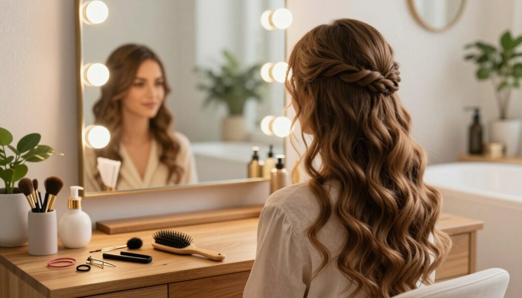 A well-lit, inviting scene showcasing a hair preparation setup for creating a stylish half-up hairstyle. In the foreground, a wooden vanity table is adorned with essential hair accessories such as hair ties, bobby pins, and a decorative hairbrush. A large handheld mirror reflects a warm, soft light, highlighting the beauty tools. In the middle ground, a close-up of luxurious long hair, partially pulled back, showcases the intricacies of the half-up style, with gentle waves flowing freely. The background reveals a softly blurred bathroom setting with plants and elegant decor, enhancing the cozy atmosphere. The overall mood is warm, inviting, and stylish, ideal for a daily or special occasion look, with natural daylight streaming in to create an uplifting vibe. A well-lit, inviting scene showcasing a hair preparation setup for creating a stylish half-up hairstyle. In the foreground, a wooden vanity table is adorned with essential hair accessories such as hair ties, bobby pins, and a decorative hairbrush. A large handheld mirror reflects a warm, soft light, highlighting the beauty tools. In the middle ground, a close-up of luxurious long hair, partially pulled back, showcases the intricacies of the half-up style, with gentle waves flowing freely. The background reveals a softly blurred bathroom setting with plants and elegant decor, enhancing the cozy atmosphere. The overall mood is warm, inviting, and stylish, ideal for a daily or special occasion look, with natural daylight streaming in to create an uplifting vibe.