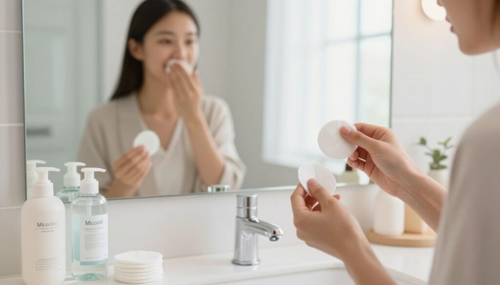 A well-lit, modern bathroom scene featuring a serene setting with pastel colors. In the foreground, a neatly arranged vanity table displays various makeup removal products, such as micellar water, cotton pads, and gentle cleansers. A close-up of a hand being cautious with a makeup remover pad, illustrating common mistakes like rubbing too hard or using harsh products. In the middle ground, a large mirror reflects a careful user, dressed in professional casual attire, demonstrating the right technique for safe makeup removal. The background shows soft natural light streaming in through a window, creating a calm and informative atmosphere. The mood is focused and educational, emphasizing safe practices in beauty routines. A well-lit, modern bathroom scene featuring a serene setting with pastel colors. In the foreground, a neatly arranged vanity table displays various makeup removal products, such as micellar water, cotton pads, and gentle cleansers. A close-up of a hand being cautious with a makeup remover pad, illustrating common mistakes like rubbing too hard or using harsh products. In the middle ground, a large mirror reflects a careful user, dressed in professional casual attire, demonstrating the right technique for safe makeup removal. The background shows soft natural light streaming in through a window, creating a calm and informative atmosphere. The mood is focused and educational, emphasizing safe practices in beauty routines.