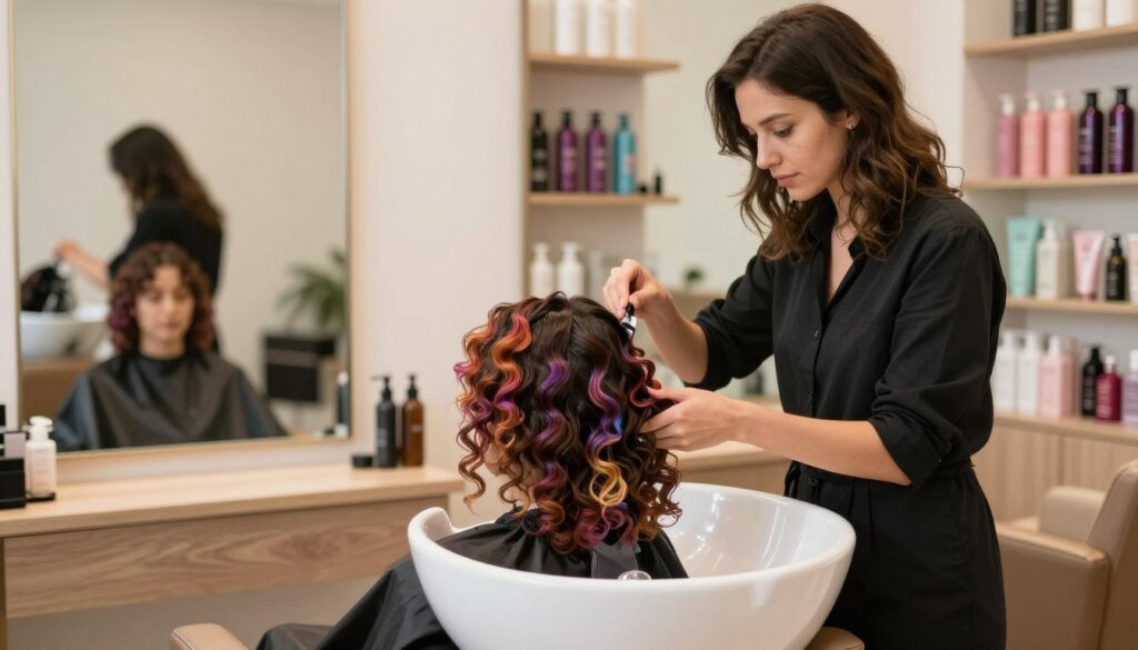 A well-lit salon interior showcasing a hair care treatment specifically designed for hair after a perm. In the foreground, a professional stylist, dressed in smart casual attire, gently applies a nourishing hair mask to a client with newly styled, wavy hair. The stylist's focused expression conveys expertise and care. In the middle, a plush salon chair and an elegant mirror reflect the vibrant colors and textures of the client's curls, emphasizing the importance of hair maintenance. The background features shelves filled with various hair care products, softly blurred to enhance the main subjects while providing context. Soft, warm lighting creates an inviting and relaxing atmosphere, highlighting the details of the hair treatment process. The overall mood is serene and professional, perfect for a hair care-focused article. A well-lit salon interior showcasing a hair care treatment specifically designed for hair after a perm. In the foreground, a professional stylist, dressed in smart casual attire, gently applies a nourishing hair mask to a client with newly styled, wavy hair. The stylist's focused expression conveys expertise and care. In the middle, a plush salon chair and an elegant mirror reflect the vibrant colors and textures of the client's curls, emphasizing the importance of hair maintenance. The background features shelves filled with various hair care products, softly blurred to enhance the main subjects while providing context. Soft, warm lighting creates an inviting and relaxing atmosphere, highlighting the details of the hair treatment process. The overall mood is serene and professional, perfect for a hair care-focused article.