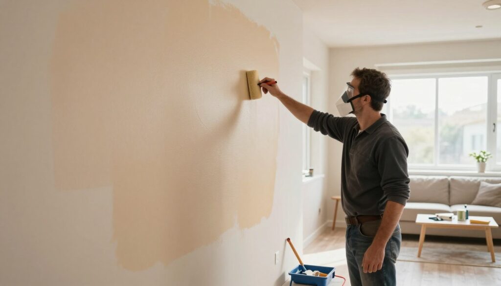 A well-organized interior space showcasing wall preparation for painting in a modern living room. In the foreground, a professional painter, dressed in smart casual attire, meticulously sanding a wall, with a dust mask on. In the middle ground, partially prepared walls with patches of primer visible and tools like brushes, rollers, and a paint tray arranged neatly. The background features a bright, airy room with large windows allowing natural light to illuminate the space, enhancing the colors of the primer. Warm, inviting atmosphere emphasizing cleanliness and readiness, shot from a slight angle to provide depth, with soft shadows highlighting the textures of the wall and tools. A well-organized interior space showcasing wall preparation for painting in a modern living room. In the foreground, a professional painter, dressed in smart casual attire, meticulously sanding a wall, with a dust mask on. In the middle ground, partially prepared walls with patches of primer visible and tools like brushes, rollers, and a paint tray arranged neatly. The background features a bright, airy room with large windows allowing natural light to illuminate the space, enhancing the colors of the primer. Warm, inviting atmosphere emphasizing cleanliness and readiness, shot from a slight angle to provide depth, with soft shadows highlighting the textures of the wall and tools.