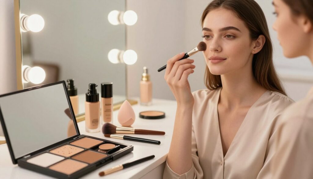 A well-organized makeup station displaying the application of foundation and concealer for a flawless look. In the foreground, a close-up of a modern makeup palette with various shades of foundation and concealer, along with brushes and a beauty blender. In the middle, a model with a natural, fresh face applying foundation with a brush, dressed in a sleek, modest blouse. The background features a soft-focus vanity mirror with warm, flattering lighting reflecting the soft skin tones. The atmosphere is calm and inviting, emphasizing the meticulous process of creating a perfect makeup base. The overall color palette is warm, focusing on skin tones and subtle pastels, enhancing a professional yet approachable vibe. A well-organized makeup station displaying the application of foundation and concealer for a flawless look. In the foreground, a close-up of a modern makeup palette with various shades of foundation and concealer, along with brushes and a beauty blender. In the middle, a model with a natural, fresh face applying foundation with a brush, dressed in a sleek, modest blouse. The background features a soft-focus vanity mirror with warm, flattering lighting reflecting the soft skin tones. The atmosphere is calm and inviting, emphasizing the meticulous process of creating a perfect makeup base. The overall color palette is warm, focusing on skin tones and subtle pastels, enhancing a professional yet approachable vibe.