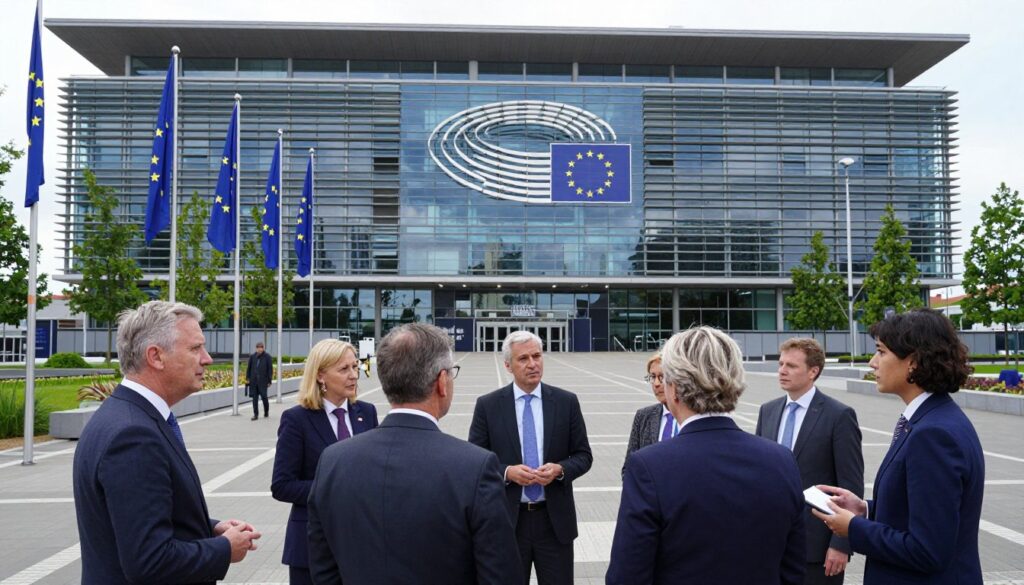 A wide-angle view of the European Parliament building in Brussels, Belgium, showcasing its modern architecture with a glass facade reflecting the blue sky. In the foreground, a diverse group of members of parliament is engaged in discussion, dressed in professional business attire—men in suits and women in smart dresses. The middle ground features the iconic flags of the European Union waving gently, adding a sense of unity. In the background, the expansive plaza is framed by lush greenery, enhancing the atmosphere of legislative engagement. The lighting is soft and natural, suggesting a bright afternoon, capturing a moment of collaboration and diplomacy. The overall mood conveys professionalism, focus, and the importance of democratic processes in the heart of Europe. A wide-angle view of the European Parliament building in Brussels, Belgium, showcasing its modern architecture with a glass facade reflecting the blue sky. In the foreground, a diverse group of members of parliament is engaged in discussion, dressed in professional business attire—men in suits and women in smart dresses. The middle ground features the iconic flags of the European Union waving gently, adding a sense of unity. In the background, the expansive plaza is framed by lush greenery, enhancing the atmosphere of legislative engagement. The lighting is soft and natural, suggesting a bright afternoon, capturing a moment of collaboration and diplomacy. The overall mood conveys professionalism, focus, and the importance of democratic processes in the heart of Europe.