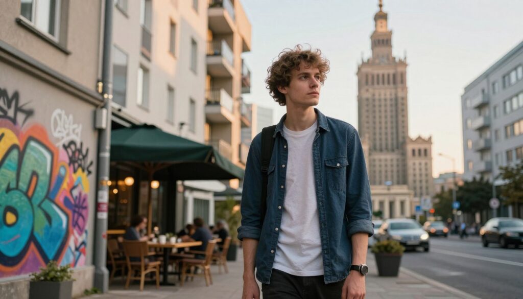 A young man in a stylish, casual outfit stands confidently in front of a modern Warsaw apartment, embodying the vibrant energy of the city. His expression is thoughtful, reflecting on his creative journey influenced by his surroundings. The foreground features colorful street art on a nearby wall, while the middle ground shows a cozy café that symbolizes the local culture. In the background, the iconic skyline of Warsaw rises under a soft golden hour light, creating an inspiring atmosphere. Use a shallow depth of field to keep the focus on the subject while softly blurring the background, adding warmth to the scene. The overall mood should be introspective yet lively, capturing the essence of an artist deeply connected to his city. A young man in a stylish, casual outfit stands confidently in front of a modern Warsaw apartment, embodying the vibrant energy of the city. His expression is thoughtful, reflecting on his creative journey influenced by his surroundings. The foreground features colorful street art on a nearby wall, while the middle ground shows a cozy café that symbolizes the local culture. In the background, the iconic skyline of Warsaw rises under a soft golden hour light, creating an inspiring atmosphere. Use a shallow depth of field to keep the focus on the subject while softly blurring the background, adding warmth to the scene. The overall mood should be introspective yet lively, capturing the essence of an artist deeply connected to his city.