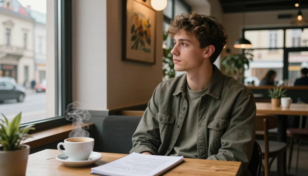 A young man reflecting the persona of a modern urban artist sits casually in a stylish, cozy Warsaw café, clad in modest casual clothing. He gazes thoughtfully out the window, showcasing a serene expression, embodying his daily life as a rapper while maintaining his privacy. In the foreground, a wooden table holds a steaming cup of coffee and a notepad filled with lyrics, hinting at his creative process. The middle ground features a soft-focus backdrop of the café's warm, inviting interior, adorned with local art and potted plants. In the background, a street view of Warsaw hints at iconic landmarks, subtly blending urban life with artistry. The scene is illuminated by soft, natural light filtering through large windows, creating a warm, intimate atmosphere that accentuates the rapper's world. A young man reflecting the persona of a modern urban artist sits casually in a stylish, cozy Warsaw café, clad in modest casual clothing. He gazes thoughtfully out the window, showcasing a serene expression, embodying his daily life as a rapper while maintaining his privacy. In the foreground, a wooden table holds a steaming cup of coffee and a notepad filled with lyrics, hinting at his creative process. The middle ground features a soft-focus backdrop of the café's warm, inviting interior, adorned with local art and potted plants. In the background, a street view of Warsaw hints at iconic landmarks, subtly blending urban life with artistry. The scene is illuminated by soft, natural light filtering through large windows, creating a warm, intimate atmosphere that accentuates the rapper's world.