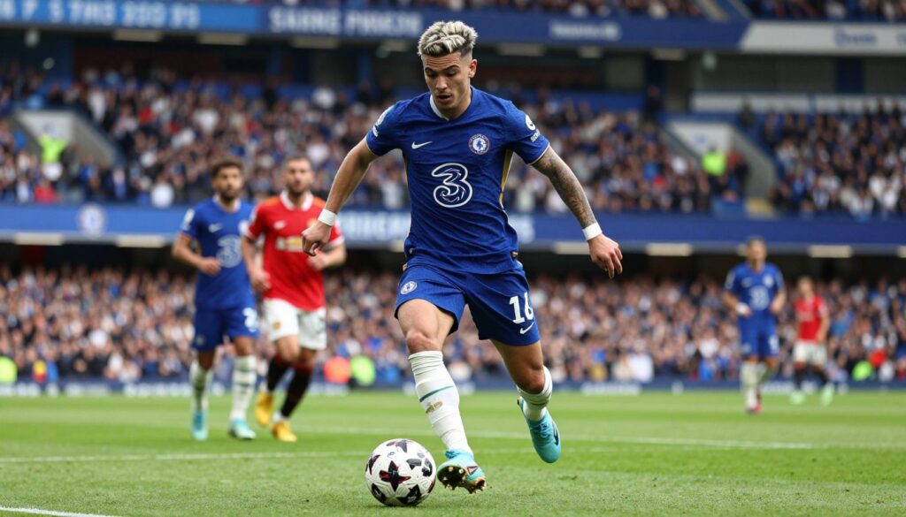 Alejandro Garnacho in a Chelsea FC kit, showcasing his dynamic playing style on the pitch. He is mid-action, dribbling the ball with fierce determination and focus, his signature haircut styled with a contemporary approach, adding to his youthful essence. The foreground features Garnacho prominently, displaying his athletic build and energy, while the middle ground shows blurred defenders attempting to challenge him. In the background, the iconic Stamford Bridge stadium is partially visible, filled with enthusiastic fans in Chelsea colors, conveying a lively match atmosphere. The lighting is bright and vibrant, simulating a sunny game day, highlighting the details of Garnacho's jersey and the intensity of the moment. The image captures the spirit of his career at both Chelsea and Manchester United. Alejandro Garnacho in a Chelsea FC kit, showcasing his dynamic playing style on the pitch. He is mid-action, dribbling the ball with fierce determination and focus, his signature haircut styled with a contemporary approach, adding to his youthful essence. The foreground features Garnacho prominently, displaying his athletic build and energy, while the middle ground shows blurred defenders attempting to challenge him. In the background, the iconic Stamford Bridge stadium is partially visible, filled with enthusiastic fans in Chelsea colors, conveying a lively match atmosphere. The lighting is bright and vibrant, simulating a sunny game day, highlighting the details of Garnacho's jersey and the intensity of the moment. The image captures the spirit of his career at both Chelsea and Manchester United.