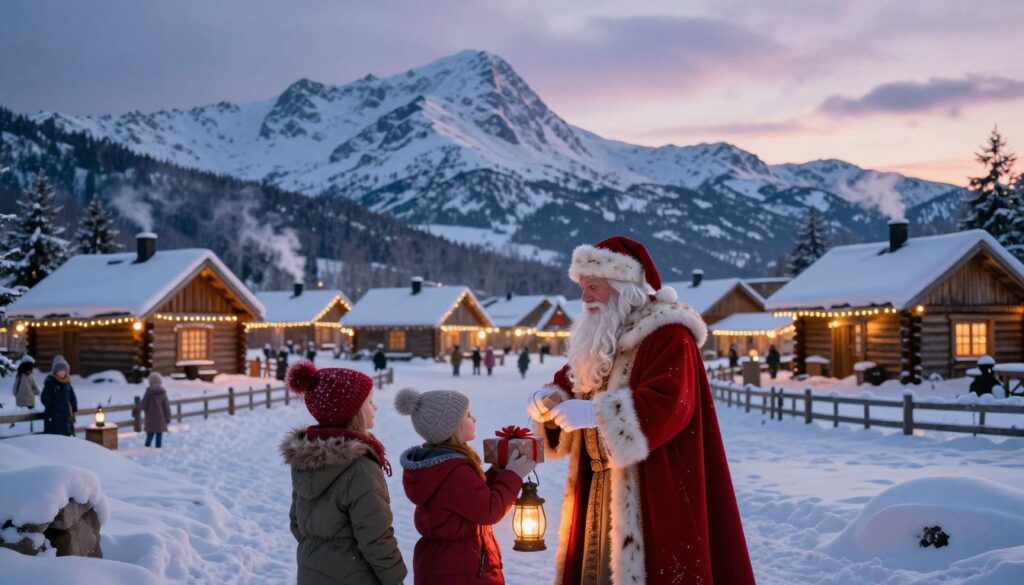 An enchanting winter landscape capturing the essence of Saint Nicholas's lore beneath the Arctic Circle. In the foreground, a cheerful, traditionally dressed Saint Nicholas with a long white beard, wearing a red robe and fur trim, is joyfully interacting with children in warm, modest clothing, sharing gifts. The middle ground features a quaint village with cozy log cabins, smoke bubbling from chimneys, and twinkling fairy lights illuminating the snowy scene. In the background, majestic snow-capped mountains rise against a sky painted with the soft hues of twilight. The atmosphere is magical and inviting, with the gentle glow of lanterns reflecting the spirit of giving. The scene is illuminated by soft, diffused lighting, creating a warm and serene ambiance, enticing viewers with the charm of holiday traditions. Focus on creating a picturesque composition from a slightly elevated perspective, emphasizing both the lively foreground and the dreamlike setting. An enchanting winter landscape capturing the essence of Saint Nicholas's lore beneath the Arctic Circle. In the foreground, a cheerful, traditionally dressed Saint Nicholas with a long white beard, wearing a red robe and fur trim, is joyfully interacting with children in warm, modest clothing, sharing gifts. The middle ground features a quaint village with cozy log cabins, smoke bubbling from chimneys, and twinkling fairy lights illuminating the snowy scene. In the background, majestic snow-capped mountains rise against a sky painted with the soft hues of twilight. The atmosphere is magical and inviting, with the gentle glow of lanterns reflecting the spirit of giving. The scene is illuminated by soft, diffused lighting, creating a warm and serene ambiance, enticing viewers with the charm of holiday traditions. Focus on creating a picturesque composition from a slightly elevated perspective, emphasizing both the lively foreground and the dreamlike setting.