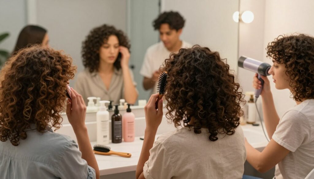 An engaging close-up scene that illustrates common mistakes in curly hair care. In the foreground, a diverse group of individuals with shoulder-length curls showcases various errors such as using the wrong products, over-brushing, and incorrect drying techniques. Each person demonstrates these mistakes in a natural, relatable way, dressed in casual but neat clothing. In the middle ground, a well-organized vanity with hair care products such as mismatched shampoos, brushes, and heat tools emphasizes the theme. The background features a softly lit bathroom mirror with gentle reflections, adding a serene atmosphere. The warm lighting casts a flattering glow, enhancing the natural texture of the curls. The overall mood is informative and supportive, encouraging better hair care practices.